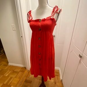Coral Smocked Button-Down Sundress